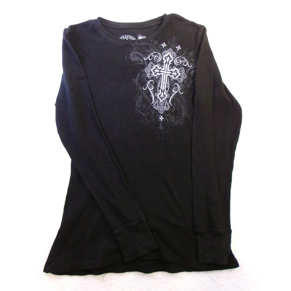 Affliction Live Fast Womens Black Thermal Gothic Cross Graphic Shirt Large Y2K